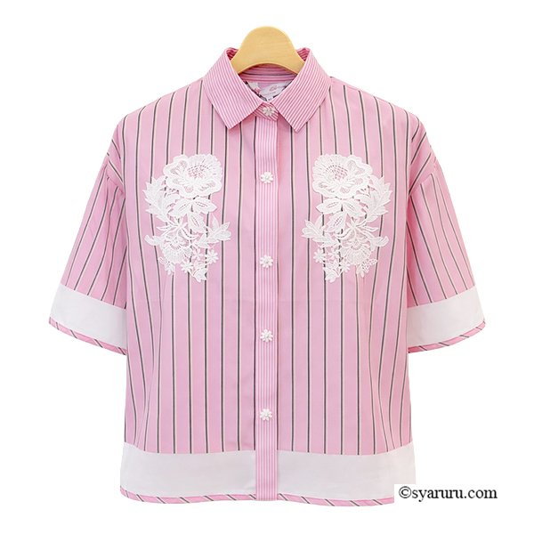 画像4: 【《新作》SuperBeauty クーポン1111(10%OFF)他　利用可】胸元レースストライプ柄ショート丈ブラウス (4)