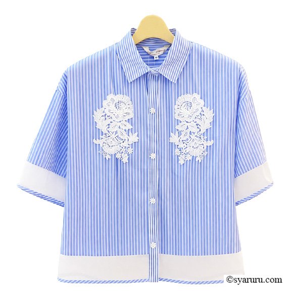 画像2: 【《新作》SuperBeauty クーポン1111(10%OFF)他　利用可】胸元レースストライプ柄ショート丈ブラウス (2)