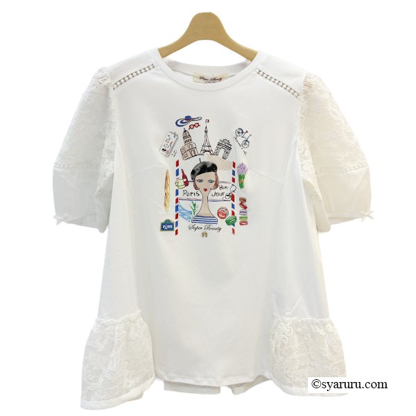画像2: 【《新作》SuperBeauty クーポン1111(10%OFF)他　利用可】胸元Parisモチーフプリント レース切替xパフ袖ロングTシャツ (2)