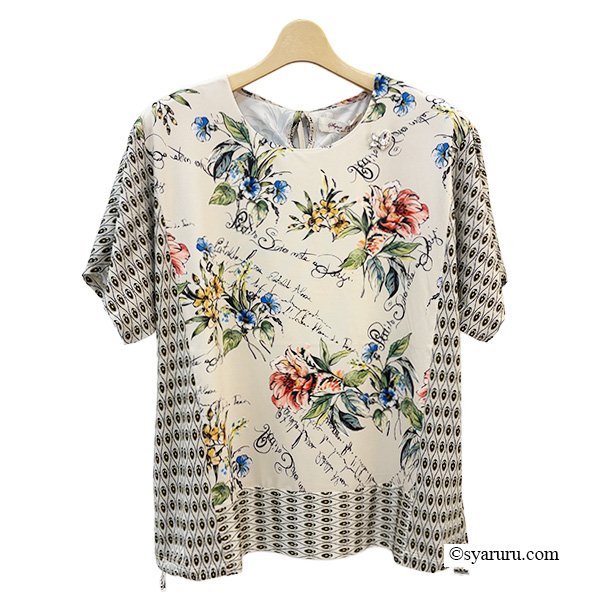 画像2: 【《新作》SuperBeauty クーポン1111(10%OFF)他　利用可】花プリントx幾何学切替Tシャツ (2)