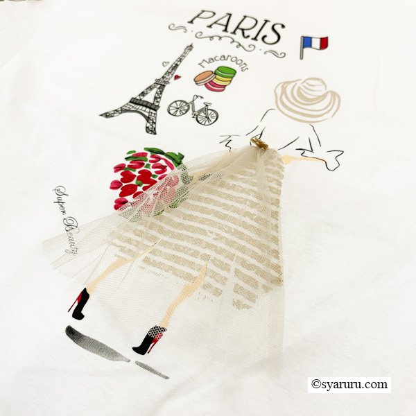 画像6: 《新作》SuperBeauty クーポン1111(10%OFF)他　利用可】ボーダー柄レース切替ParisプリントロングTシャツ (6)