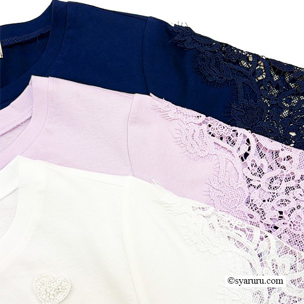 画像14: 《新作》SuperBeauty クーポン1111(10%OFF)他　利用可】袖x裾レース切替 リボン付きTシャツ (14)