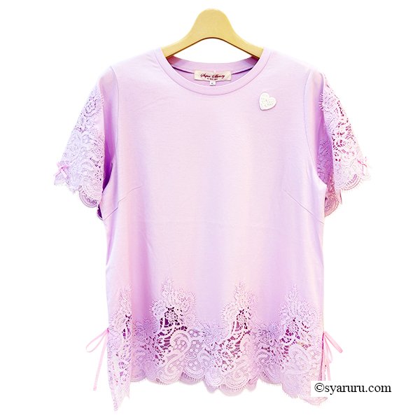画像4: 《新作》SuperBeauty クーポン1111(10%OFF)他　利用可】袖x裾レース切替 リボン付きTシャツ (4)