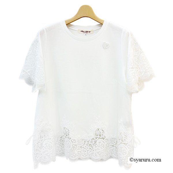 画像2: 《新作》SuperBeauty クーポン1111(10%OFF)他　利用可】袖x裾レース切替 リボン付きTシャツ (2)
