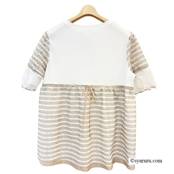 画像3: 《新作》SuperBeauty クーポン1111(10%OFF)他　利用可】ボーダー柄レース切替ParisプリントロングTシャツ (3)