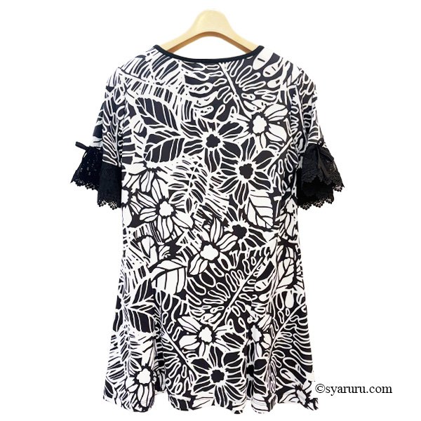 画像3: 【SALE 50％ 2026春夏SuperBeauty】モノトーン柄花プリントレース袖チュニックTシャツ (3)