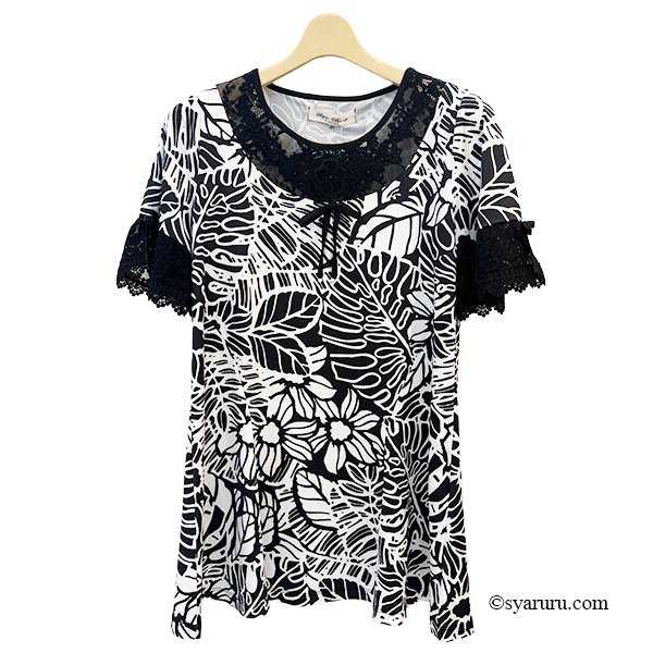 画像2: 【SALE 50％ 2026春夏SuperBeauty】モノトーン柄花プリントレース袖チュニックTシャツ (2)