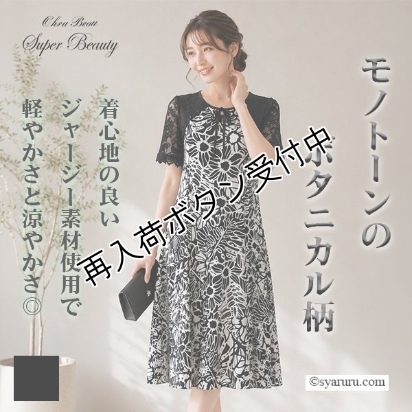 画像1: 【SALE 50％ 2026春夏SuperBeauty】袖レース使いモノトーン柄ワンピース (1)